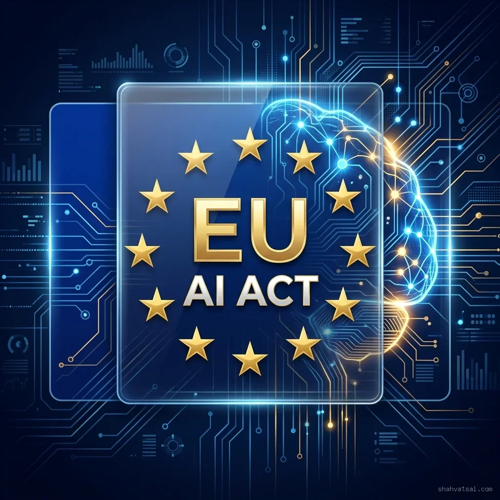 EU AI Act Portal: 2D vector graphic showing the European Union flag emblem integrated with glowing neural network connections and digital policy shields, representing the Digital Omnibus updates. European Union AI Act Compliance Portal Banner