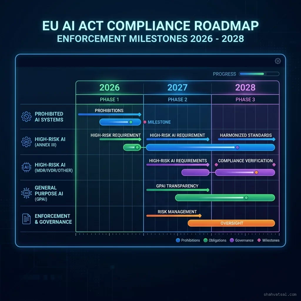 Enforcement Gantt Chart: Sleek 1:1 timeline chart illustrating the phased deadlines under the Digital Omnibus, highlighting the December 2026 watermarking deadline, the December 2027 standalone high-risk deadline, and the August 2028 embedded product deadline. Revised EU AI Act Enforcement Timeline Gantt Chart