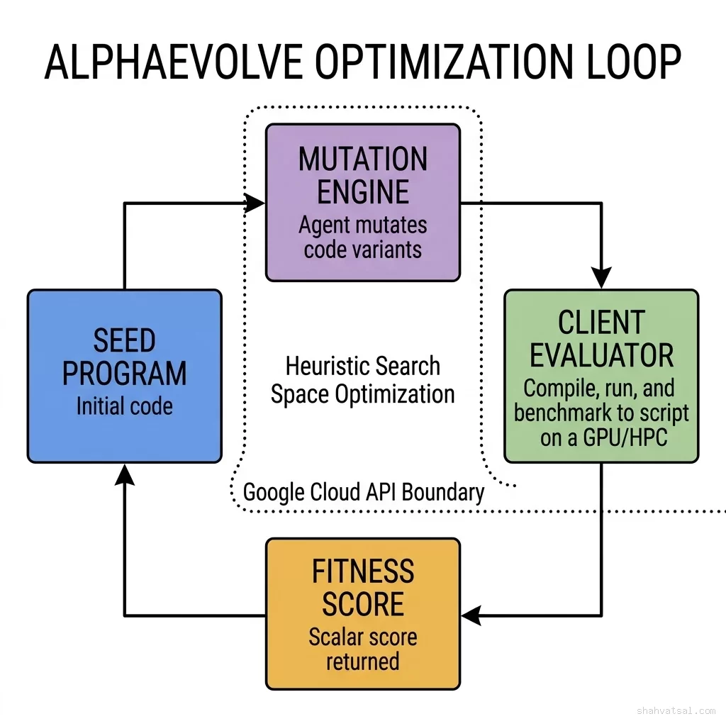 Process flowchart of the AlphaEvolve Optimization Loop: Seed Program flows to Mutation Engine, then to Client-Side Evaluator on hardware, which returns a Fitness Score back to the loop. AlphaEvolve Optimization Loop — Closed-Loop Evolutionary Algorithm Discovery Flowchart