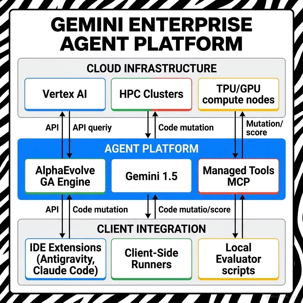 Block diagram mapping the Gemini Enterprise Agent Platform architecture, showing AlphaEvolve GA Engine sitting between Vertex AI compute and client IDE extensions. Gemini Enterprise Agent Platform Placement — AlphaEvolve GCP Integration Architecture