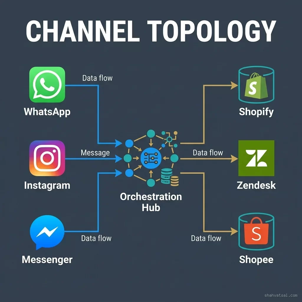 Meta Business Agent Channel Topology showing WhatsApp, Instagram, and Messenger routing through the central platform to Shopify, Zendesk, and Shopee