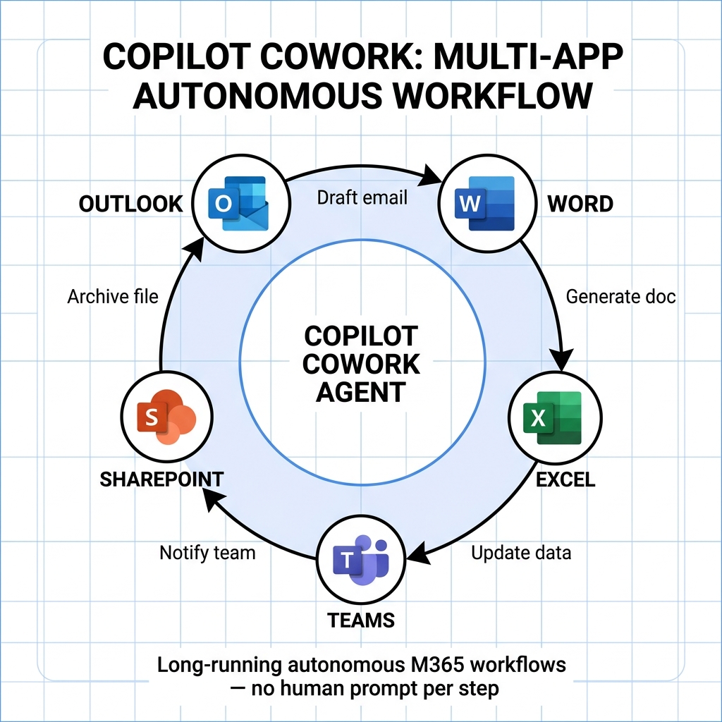 Copilot Cowork agents operate autonomously across the full M365 surface. Once triggered, a single natural language instruction drives a chain of actions — email drafting in Outlook, document generation in Word, data update in Excel, team notification in Teams, and file archival in SharePoint — without requiring manual intervention at each step. This is categorically different from single-turn Copilot prompting. Copilot Cowork multi-app autonomous workflow — Cowork agent at center orchestrates Outlook email drafting, Word document generation, Excel data update, Teams notification, and SharePoint archival in a continuous loop — Microsoft M365 GA June 2026