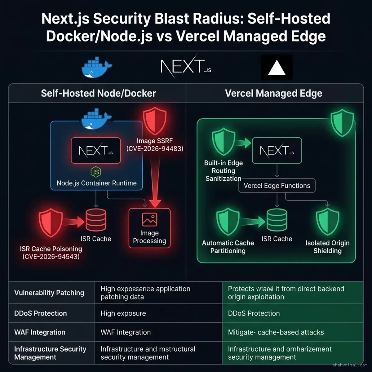 Next.js Security Blast Radius: Self-Hosted Docker/Node.js vs Vercel Managed Edge — Next.js / Vercel — 2026