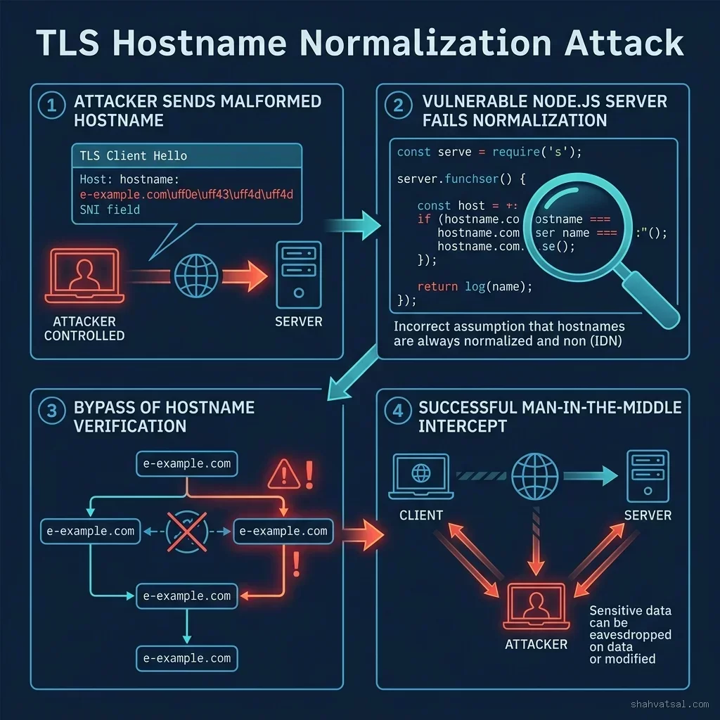 TLS hostname normalization attack flow diagram