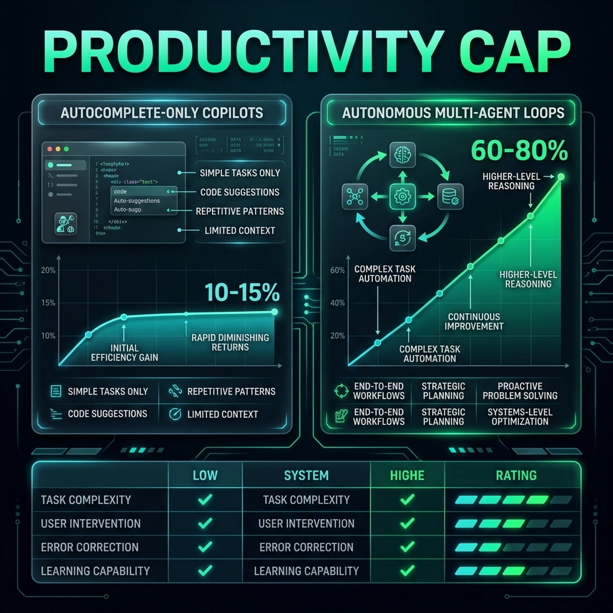 Infographic — Autocomplete Copilot Productivity Cap vs Autonomous Agents