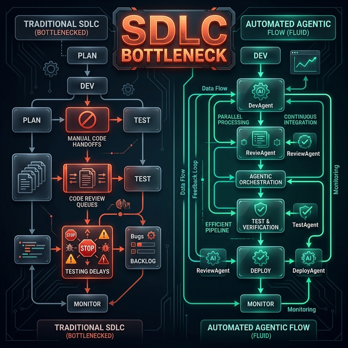 System Architecture Diagram — SDLC Handoff Bottlenecks vs Autonomous Compression