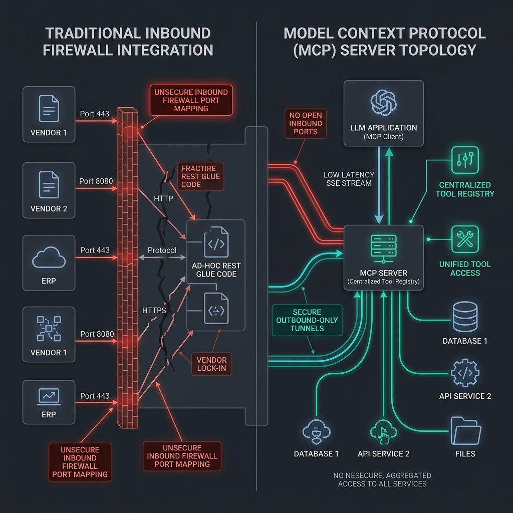 Before/After Comparison Diagram — Traditional Firewall vs Outbound MCP Tunnel