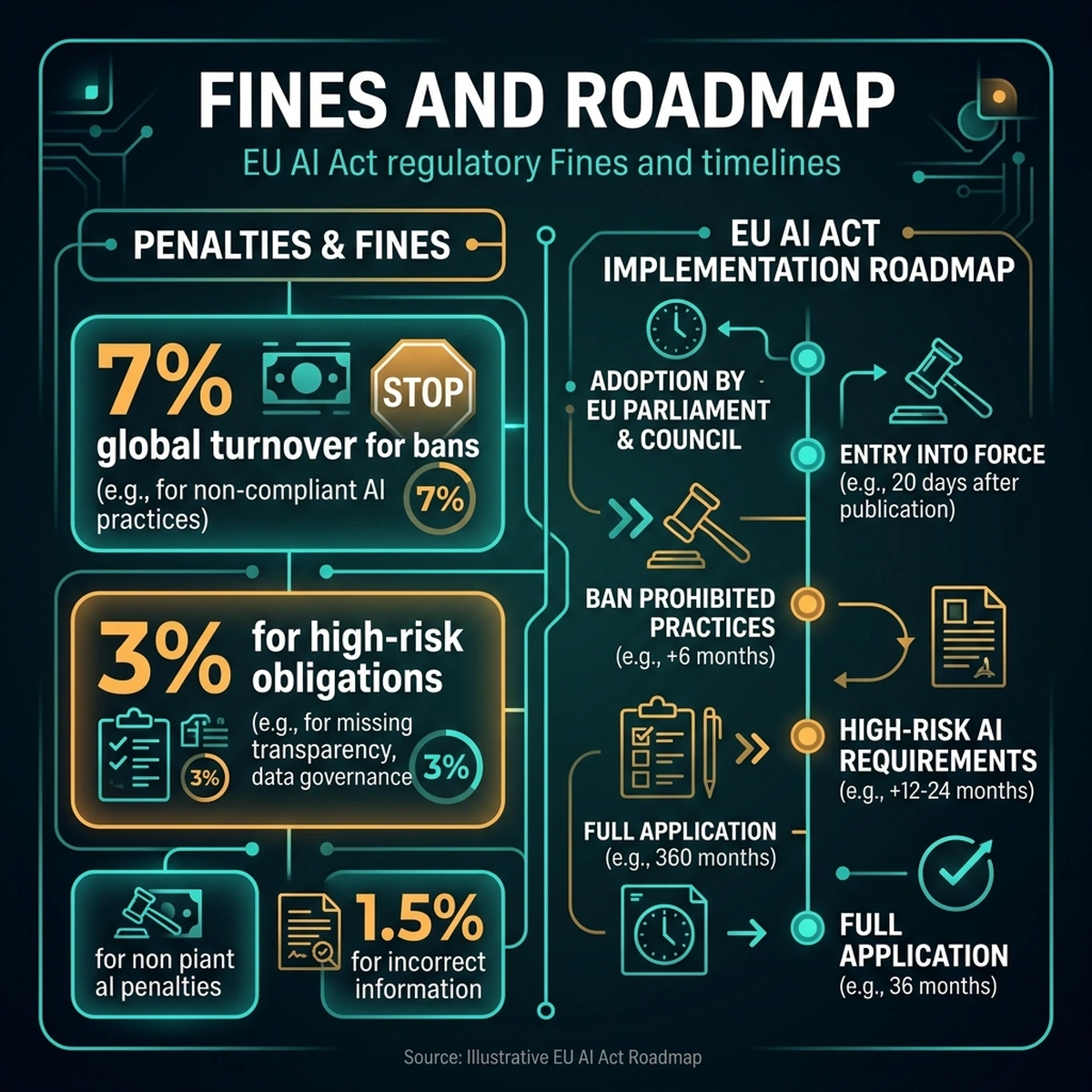 Regulatory Roadmap: 2026-2027 timeline milestones mapping GPAI enforcement and fine structures.