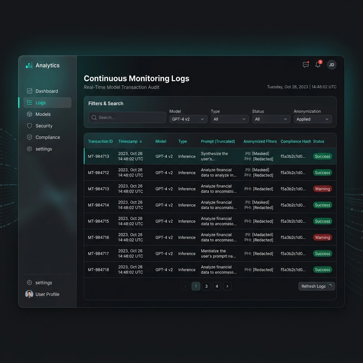 UI Screenshot: Continuous logging console displaying model outputs, risk flags, and compliance tags.