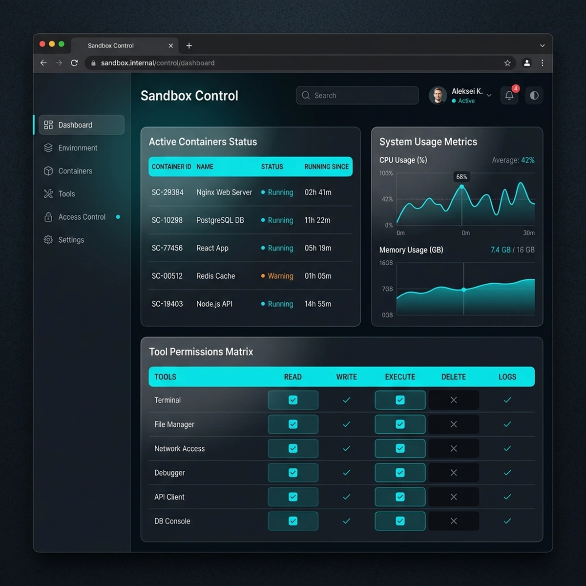 UI Screenshot: Agent sandbox control panel showing container status, execution logs, and turn budgets.