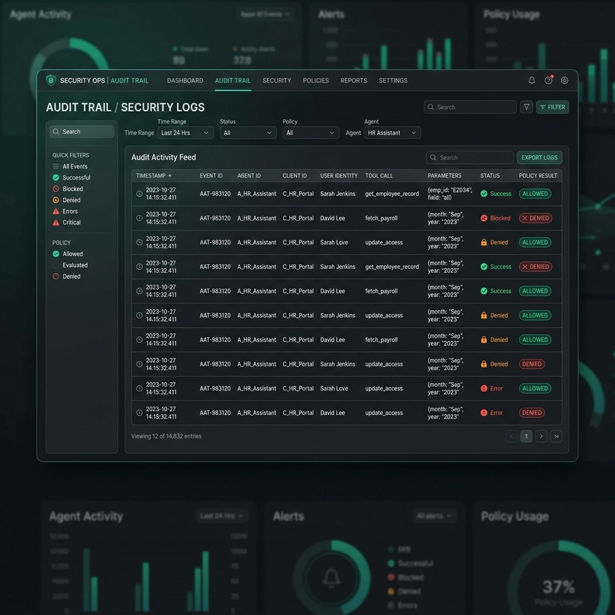 UI Screenshot: Immutable ledger log console verifying model training datasets and prompt histories.