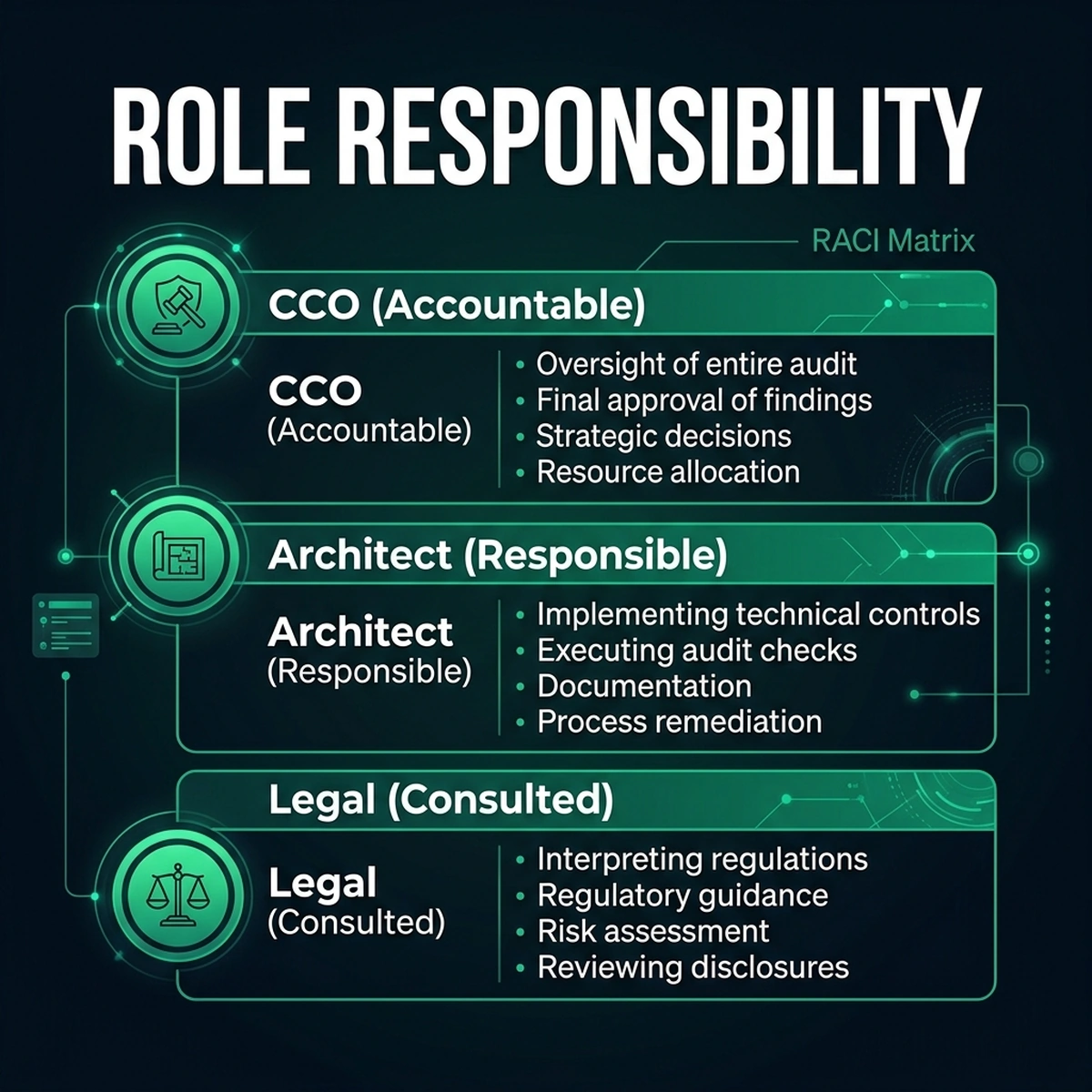 Infographic: RACI compliance matrix showing responsibilities, approvals, and evidence pack collection checkpoints.