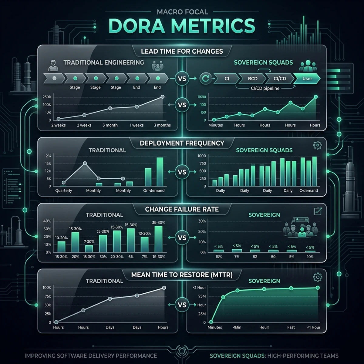 UI Screenshot: DORA performance dashboard displaying active changes in lead time, deployment frequency, and CFR. UI Screenshot: DORA performance dashboard displaying active changes in lead time, deployment frequency, and CFR.