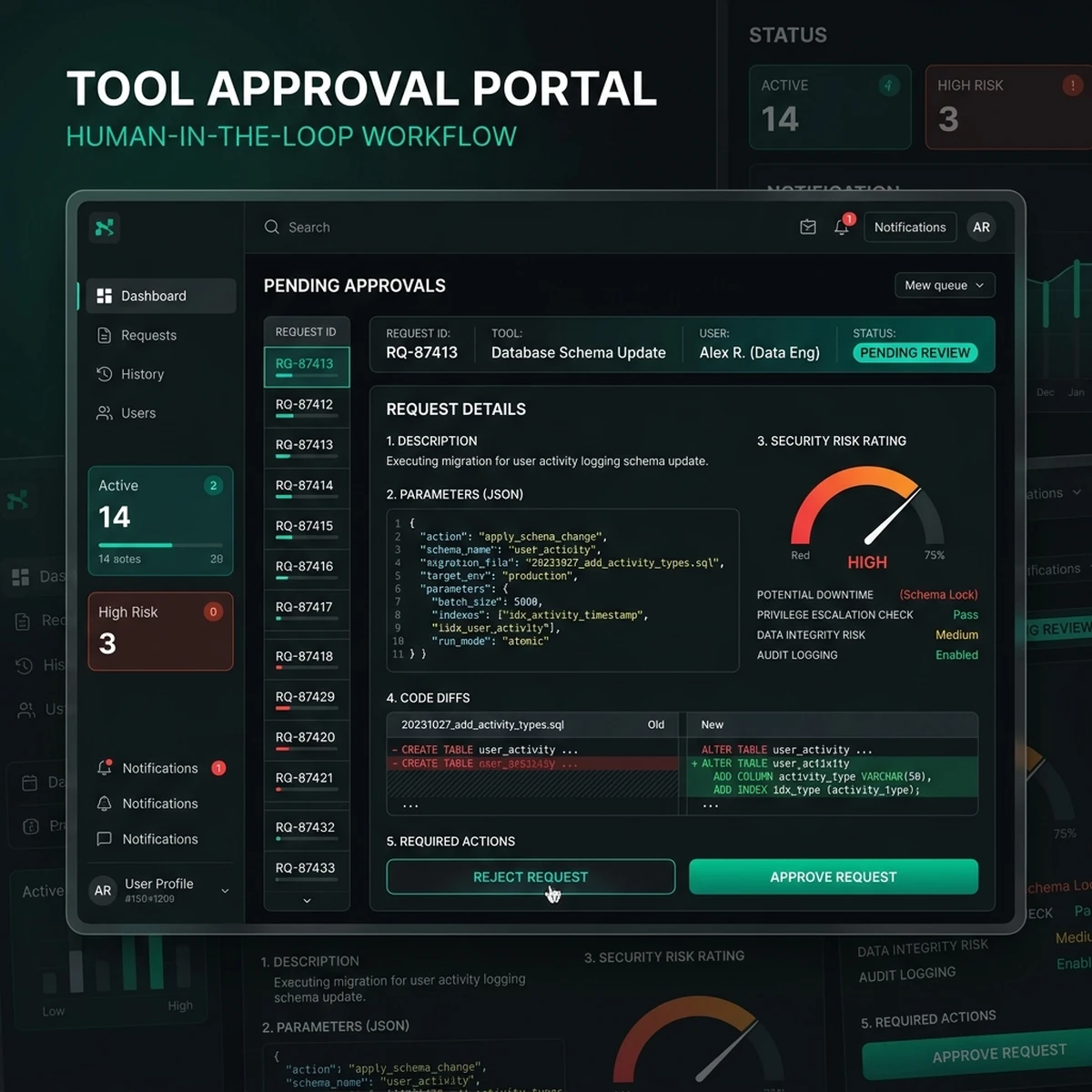 UI Screenshot: Human-in-the-loop pending approval queue showing proposed database updates and risk indicators.