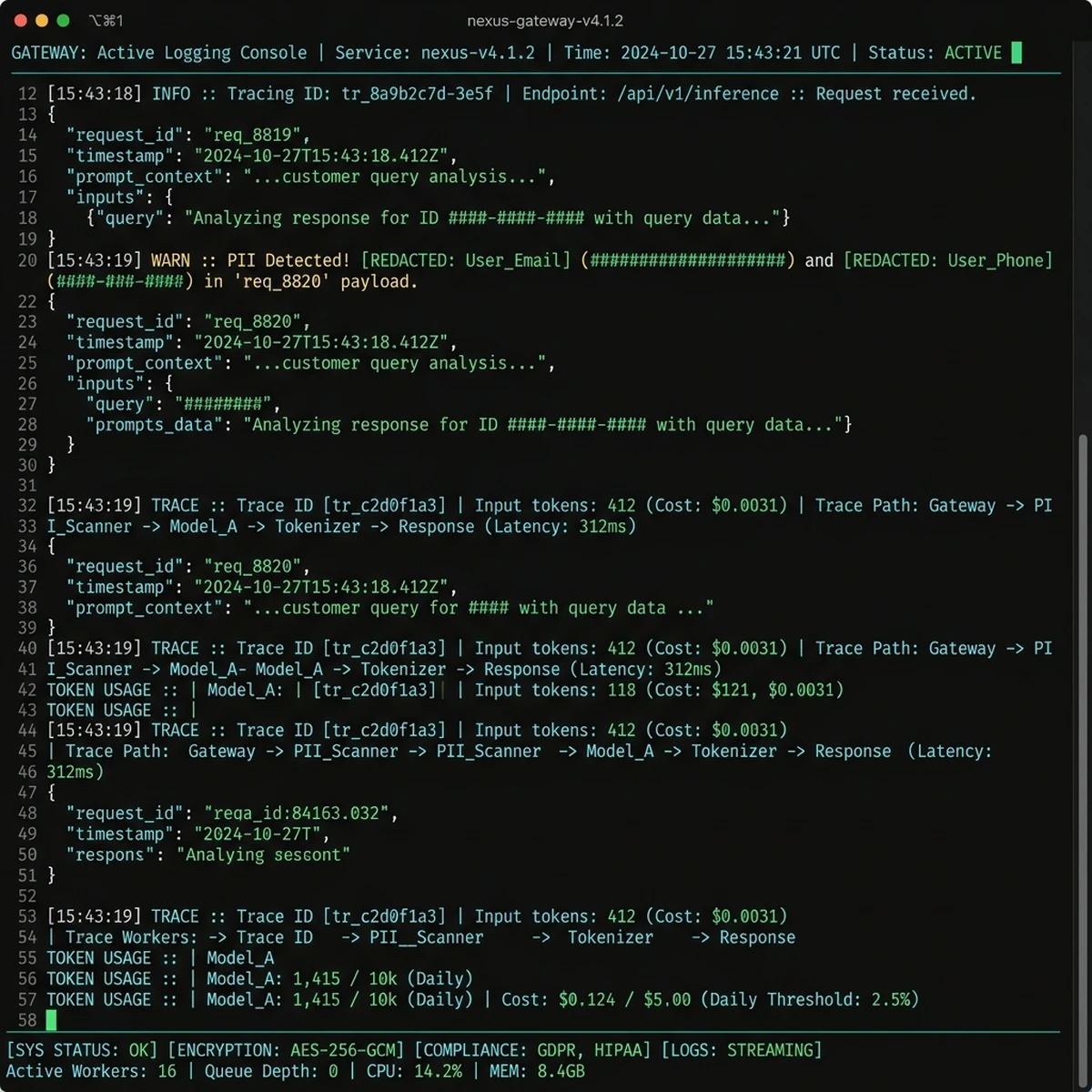 UI Screenshot: Continuous logging console displaying model prompts, token costs, and compliance indicators.