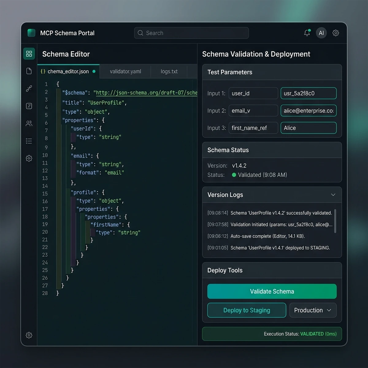 UI Screenshot: Security policy editor and allow-lists console displaying active rules and blocked prompt patterns.